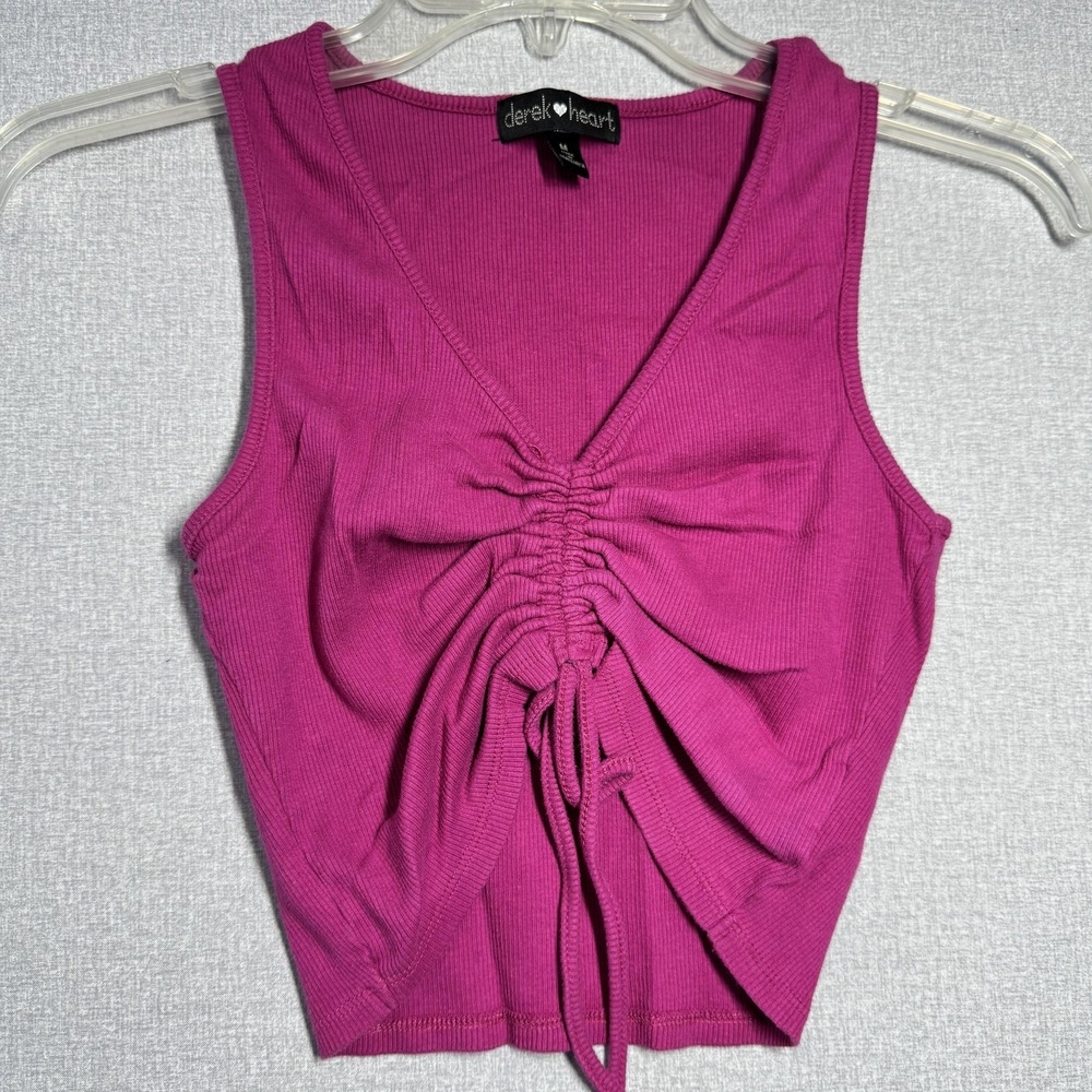 Derek Heart Tank Top Juniors M‎ Pink Ruched Drawstring Ribbed Knit Cropped